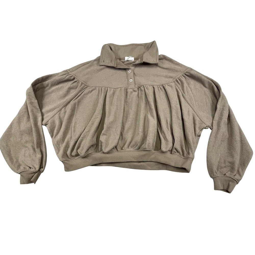 NWT Aerie Womens Taupe‎ Brown Gathered Yoke Cropped Button Collar Sweatshirt XS.